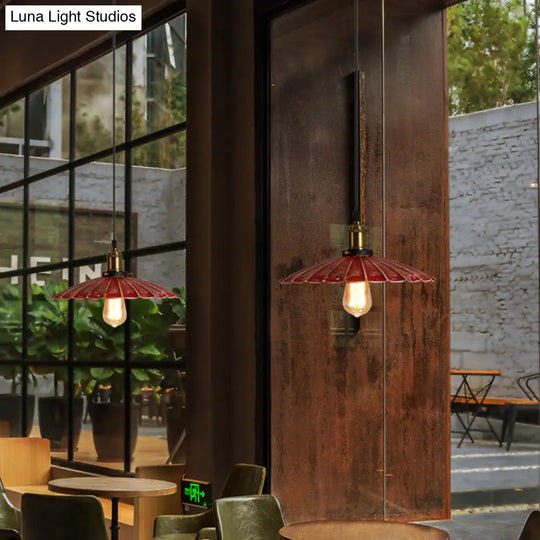 Rustic Red Scalloped Shade Pendant Lamp - Metallic Finish Ideal For Coffee Shops 1 Bulb Hanging