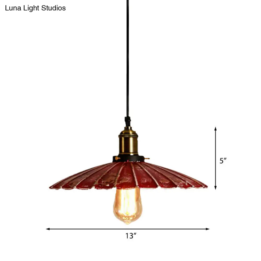 Rustic Red Scalloped Shade Pendant Lamp - Metallic Finish Ideal For Coffee Shops 1 Bulb Hanging