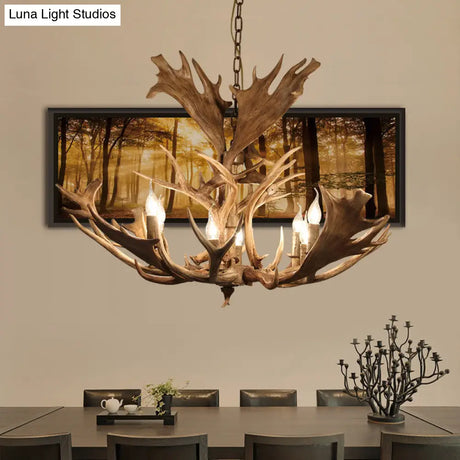 Rustic Resin Brown Hanging Chandelier Light Fixture - Candle-Style 8 Bulbs Dining Room Pendant
