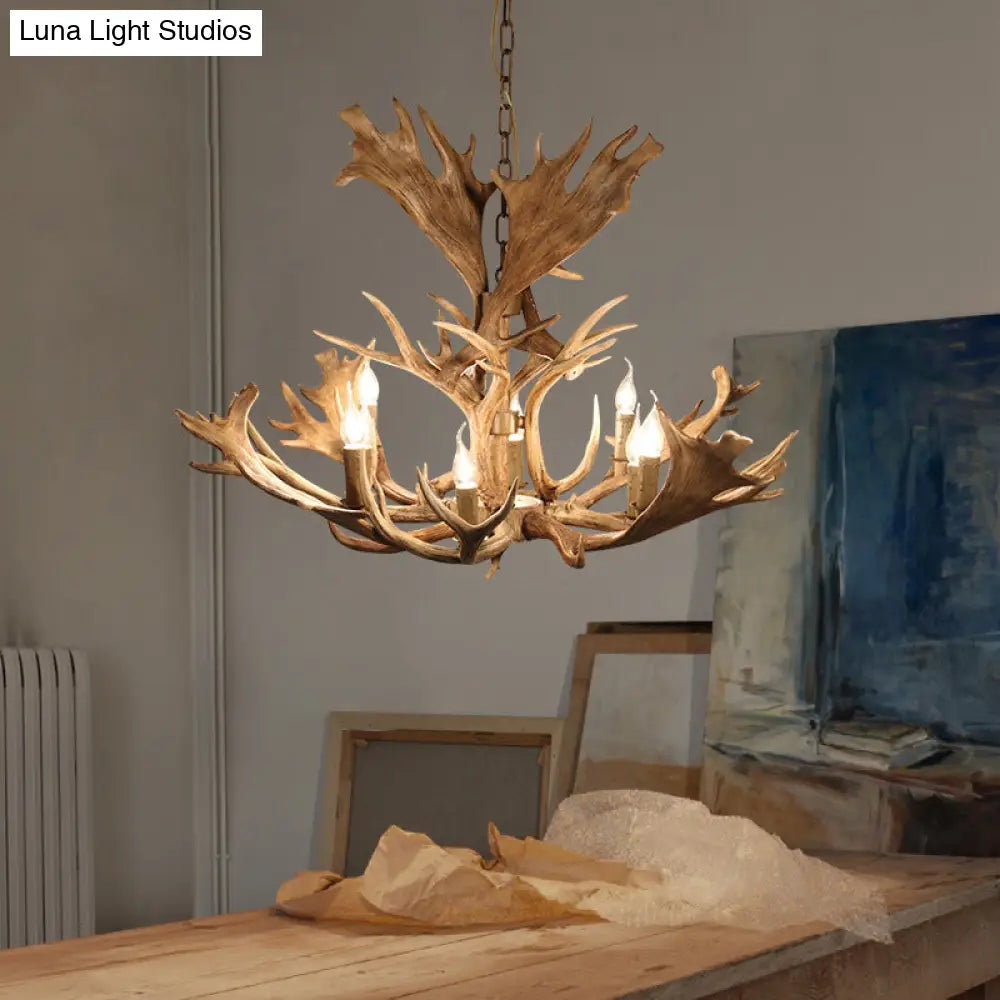 Rustic Resin Brown Hanging Chandelier Light Fixture - Candle-Style 8 Bulbs Dining Room Pendant