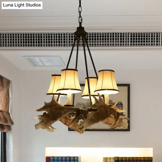 Rustic Resin Dining Room Chandelier - Tapered Design 4 Lights Beige Hanging Fixture With Fabric