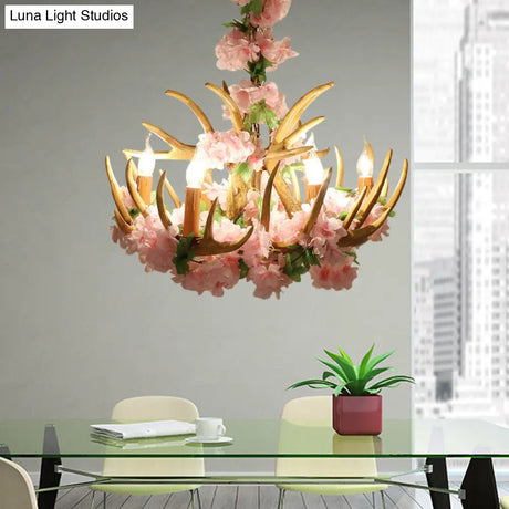 Rustic Resin Hanging Lamp - Candle Living Room Pendant Light With 4/6/12 Bulbs Pink/Green Chandelier
