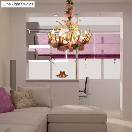 Rustic Resin Hanging Lamp - Candle Living Room Pendant Light With 4/6/12 Bulbs Pink/Green Chandelier