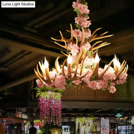 Rustic Resin Hanging Lamp - Candle Living Room Pendant Light With 4/6/12 Bulbs Pink/Green Chandelier