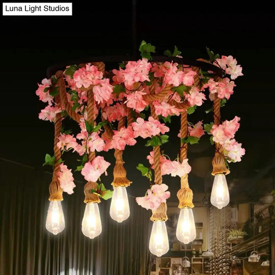 Rustic Restaurant Pendant Chandelier With Wheel Iron Design And Plant Décor 6 / Pink