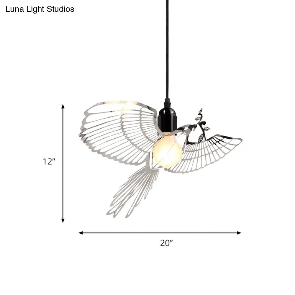 Rustic Flying Bird Shade Pendant Light - Silver Metal Perfect For Bars