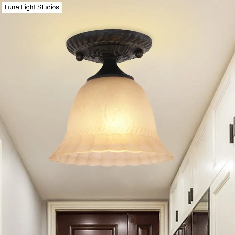 Rustic Ribbed Glass Bell Semi Flush Light With 1-Bulb Black Finish