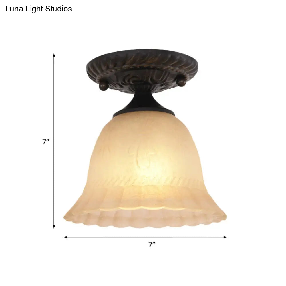 Rustic Ribbed Glass Bell Semi Flush Light With 1-Bulb Black Finish