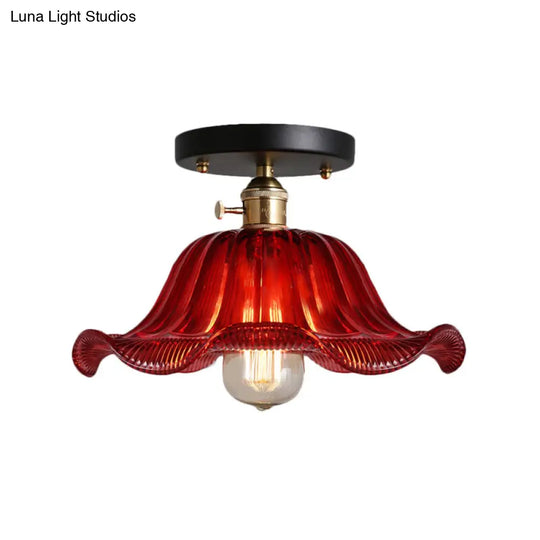 Rustic Ribbed Glass Scalloped Semi Flush Light Red/Blue/Clear 8/10/12 Wide