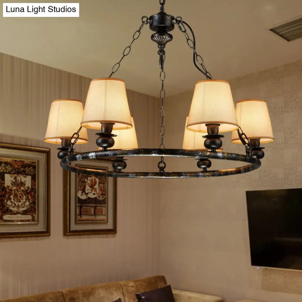 Rustic Ring Pendant Chandelier - 6-Light Fabric Ceiling Light In Black For Living Room