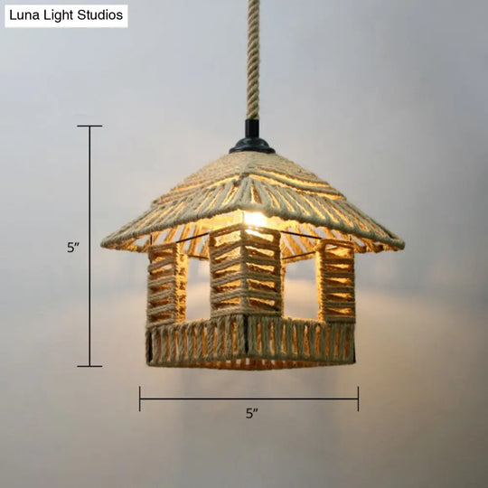 Country Style Hand-Wrapped Rope Pendant Light | Rustic 1-Bulb Ceiling Lamp In Brown For Restaurants