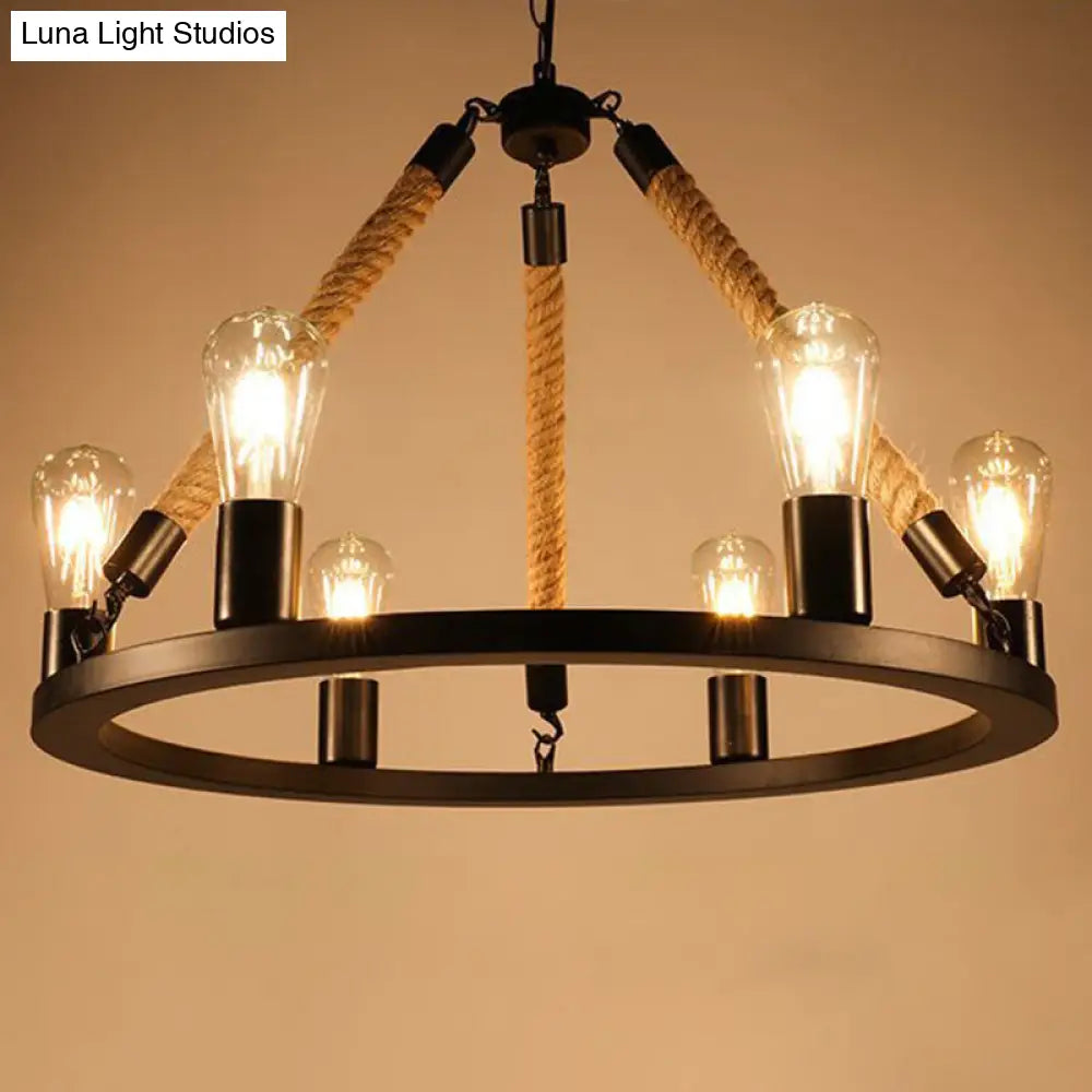 Circular Black Metal Industrial Art Chandelier With Exposed Bulb Rope Drop 6 /