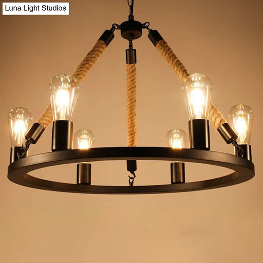 Circular Black Metal Industrial Art Chandelier With Exposed Bulb Rope Drop 6 /