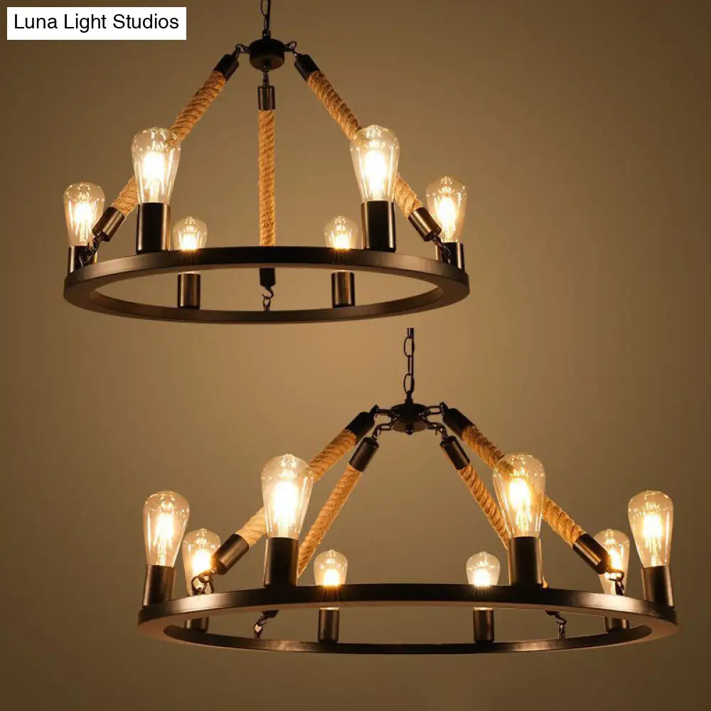 Circular Black Metal Industrial Art Chandelier With Exposed Bulb Rope Drop
