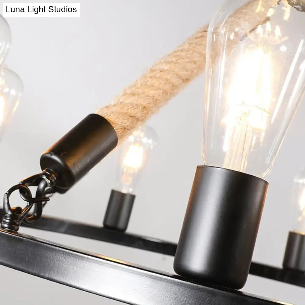 Circular Black Metal Industrial Art Chandelier With Exposed Bulb Rope Drop