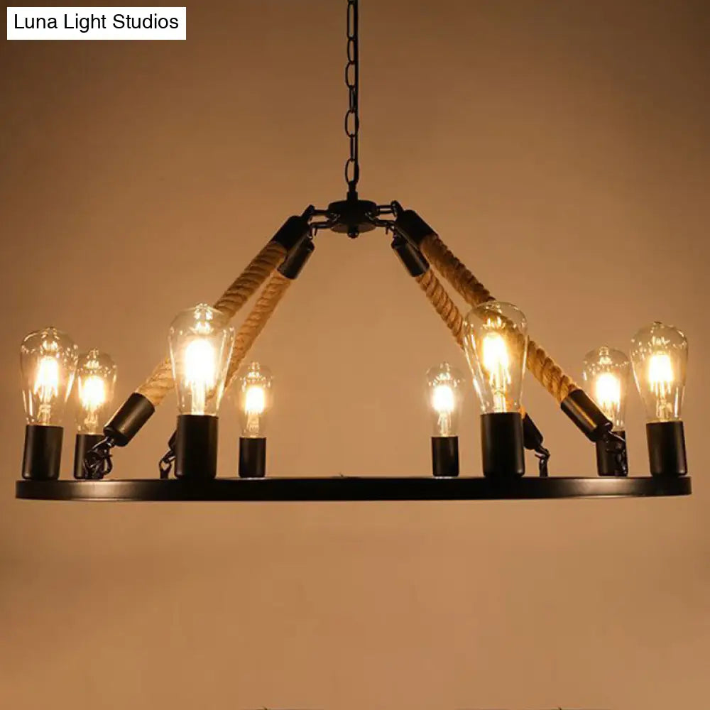 Circular Black Metal Industrial Art Chandelier With Exposed Bulb Rope Drop 8 /