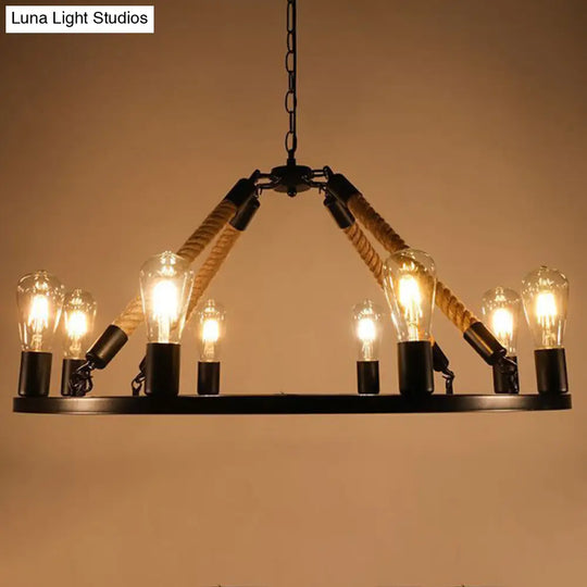 Circular Black Metal Industrial Art Chandelier With Exposed Bulb Rope Drop 8 /