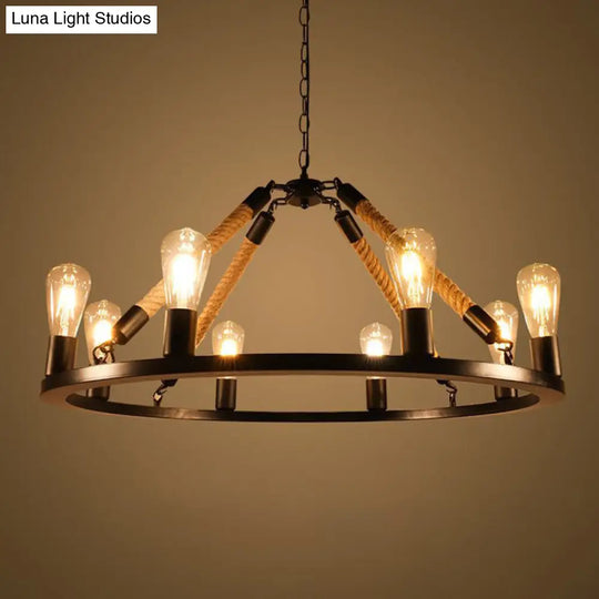 Circular Black Metal Industrial Art Chandelier With Exposed Bulb Rope Drop