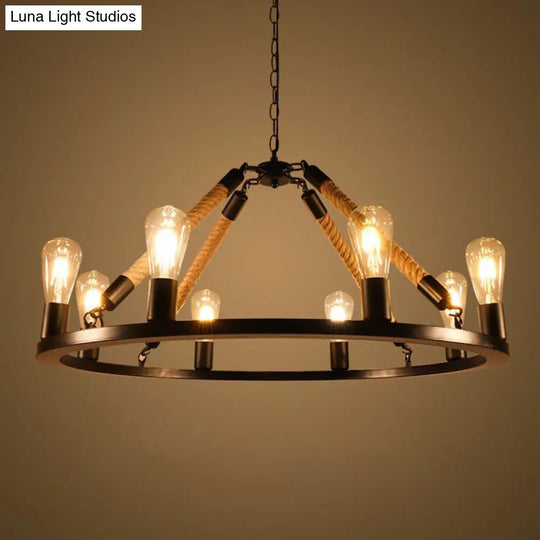 Rustic Rope Chandelier With Circular Black Metal Design And Exposed Bulbs