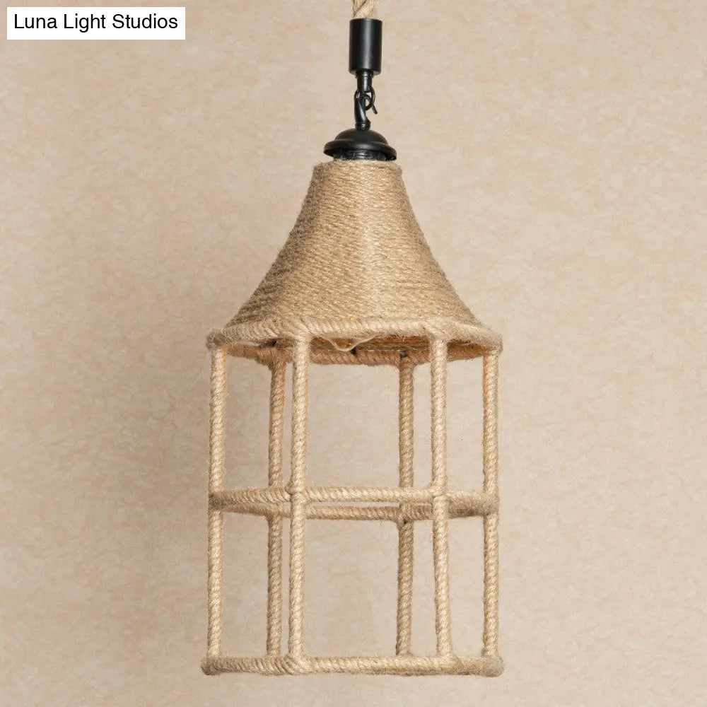 Rustic Rope Pendant Light For Dining Room - Booth Shaped Design Brown Finish Suspended Lighting
