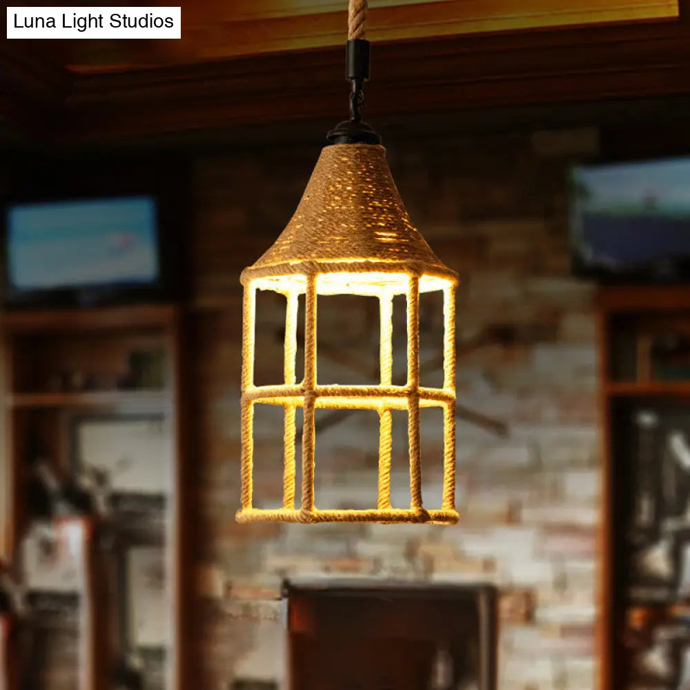 Rustic Rope Pendulum Light For Dining Room - Brown Suspended Lighting Fixture