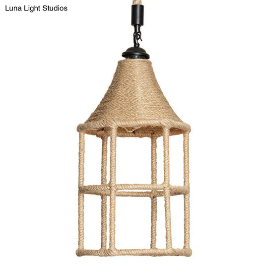 Rustic Rope Pendant Light For Dining Room - Booth Shaped Design Brown Finish Suspended Lighting