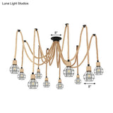 Rustic Rope Pendant Light With Spherical Cage - 6/10 Lights Brown Bistro Swag Lamp
