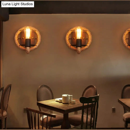 Rustic Rope Wall Sconce With Bare Bulb Design And Wood Detailing