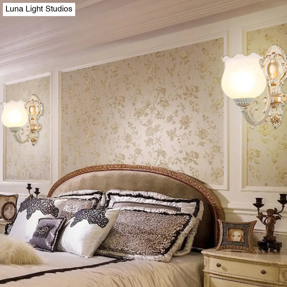 Rustic Ruffle Glass Wall Light For Living Room With Bud Shade And White Finish