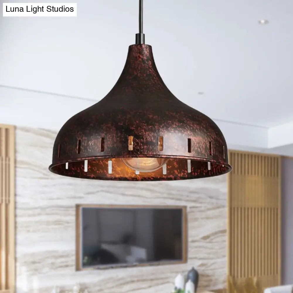 Rustic Rust Onion Pendant Light Fixture - Iron Restaurant Lamp With Hollow Design