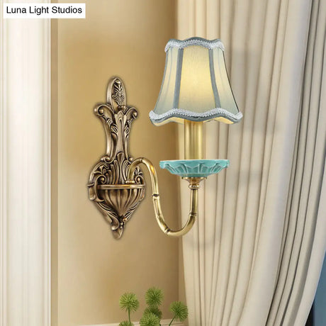 Rustic Scalloped Corridor Wall Sconce - Fabric 1/2-Light Brass Lighting Curved Arm Design