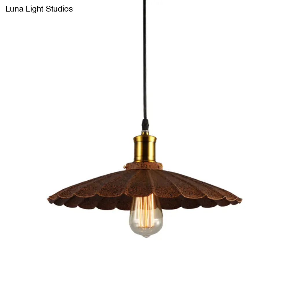Scalloped Rust Finish Pendant Light - Lodge Style Iron Hanging Lamp 1 10/12 Diameter