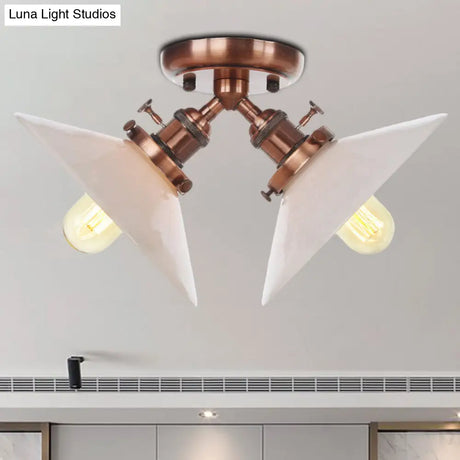 Rustic Semi Flush Ceiling Light With Flared Iron Design And 2 Bulbs - Black/Bronze Finish