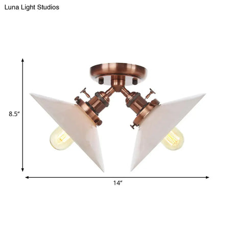 Rustic Semi Flush Ceiling Light With Flared Iron Design And 2 Bulbs - Black/Bronze Finish