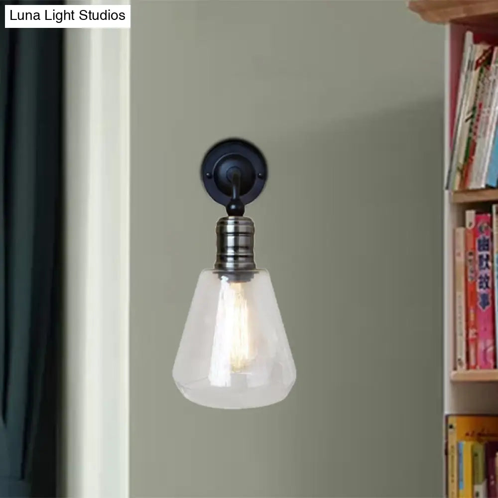 Rustic Single Bulb Clear Glass Wall Sconce Light In Black - Tapered Shade Design For Kitchen Decor