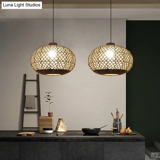 Rustic Single Bulb Pendant Lighting Kit: Oval Lantern Hemp Rope Hanging Lamp In Flaxen