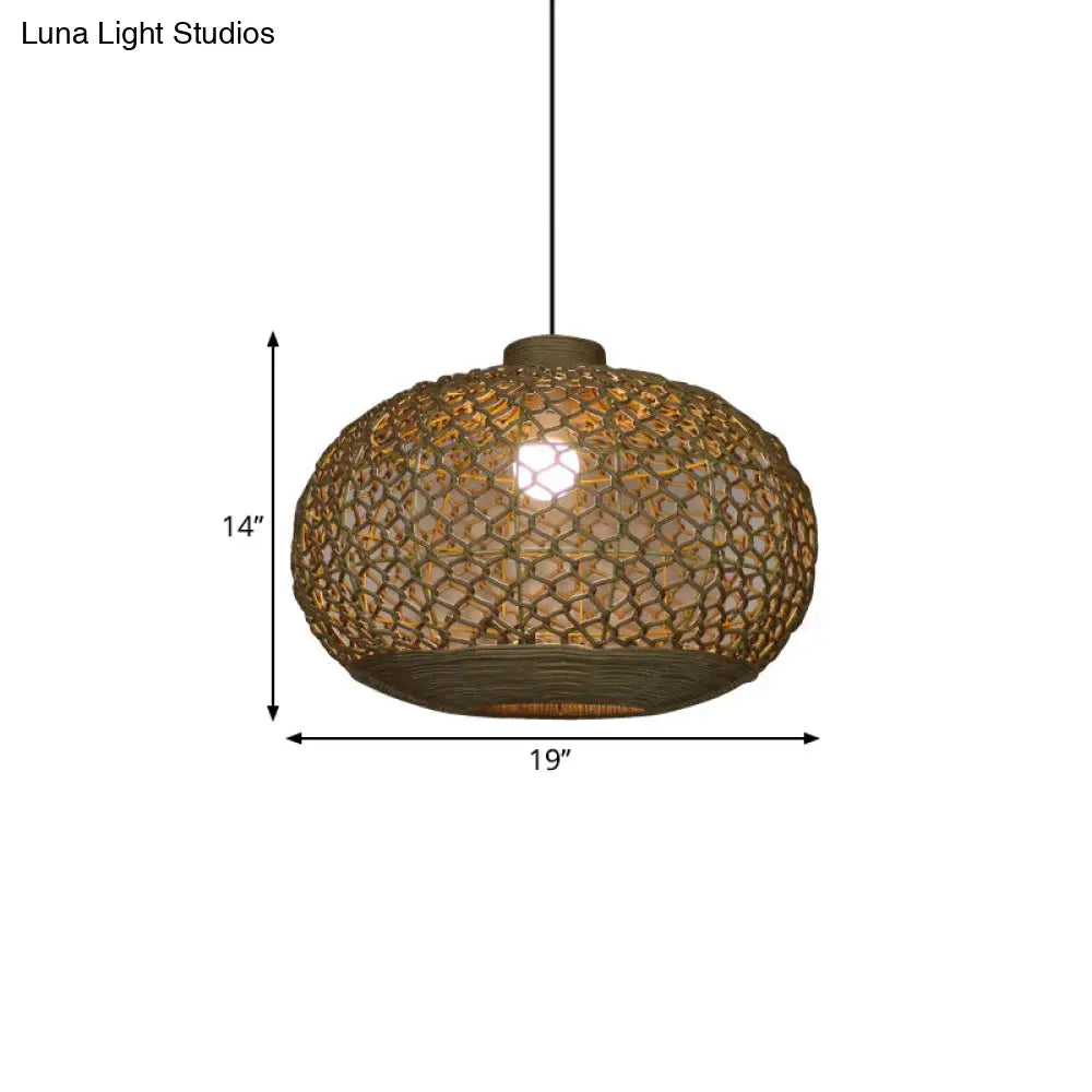 Rustic Single Bulb Pendant Lighting Kit: Oval Lantern Hemp Rope Hanging Lamp In Flaxen