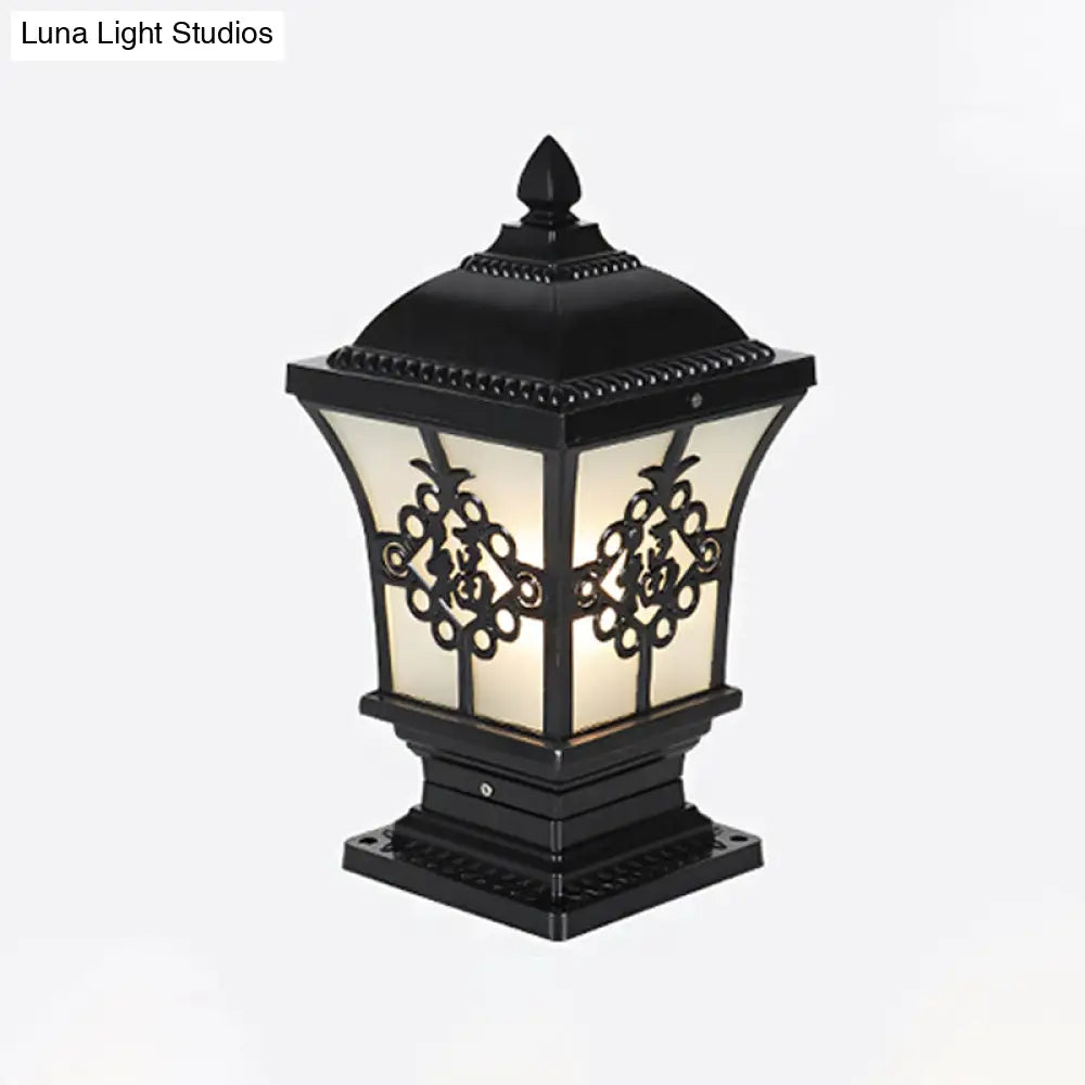 Rustic Square Pillar Lamp - 1-Light Frost Glass Post Lighting Fixture For Courtyard