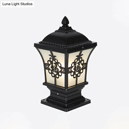 Rustic Square Pillar Lamp - 1-Light Frost Glass Post Lighting Fixture For Courtyard