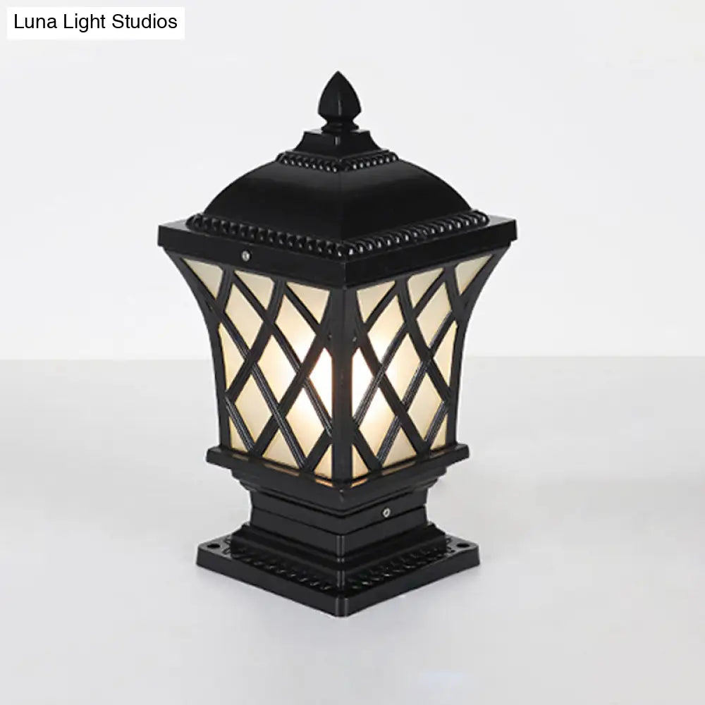 Rustic Square Pillar Lamp - 1-Light Frost Glass Post Lighting Fixture For Courtyard