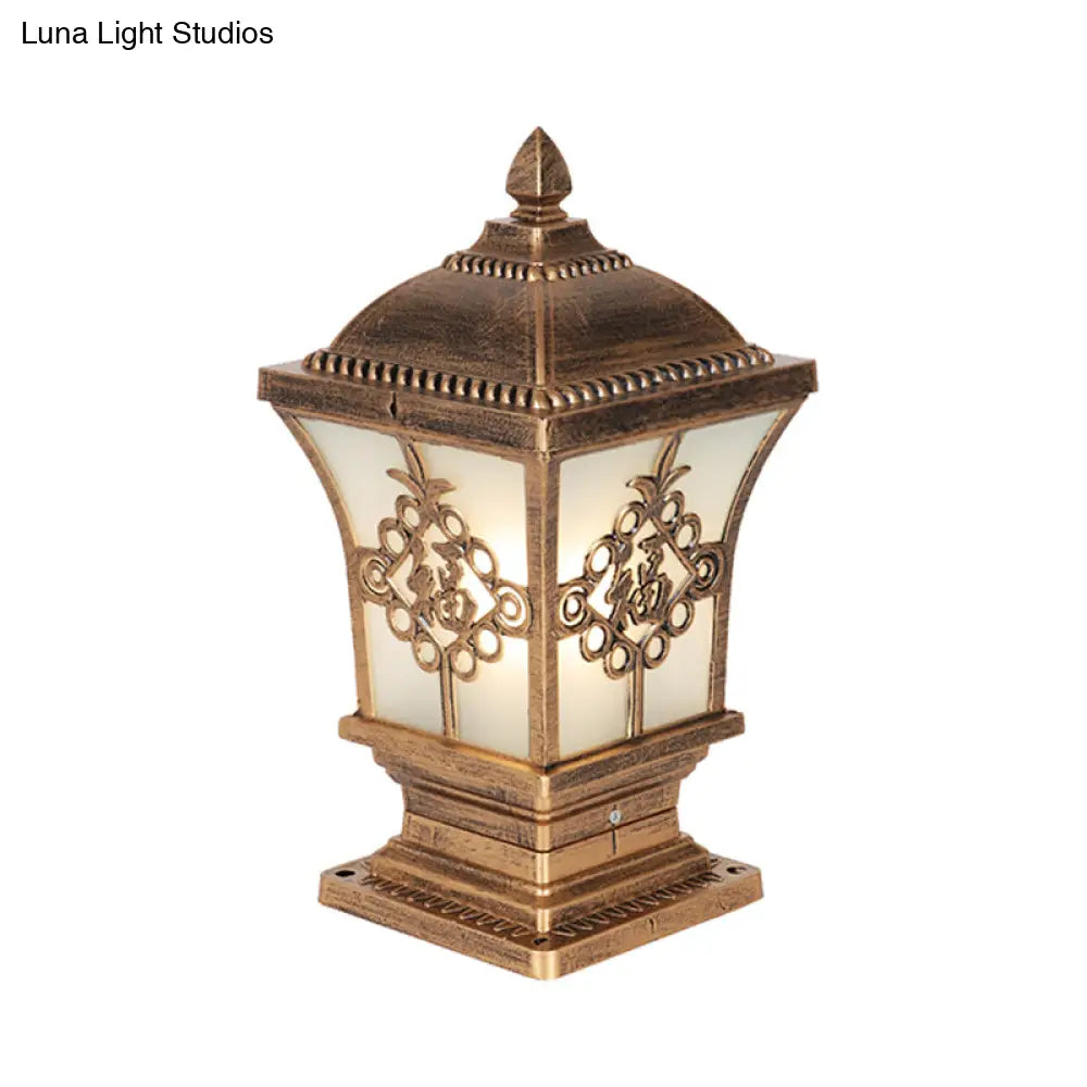 Rustic Square Pillar Lamp - 1-Light Frost Glass Post Lighting Fixture For Courtyard
