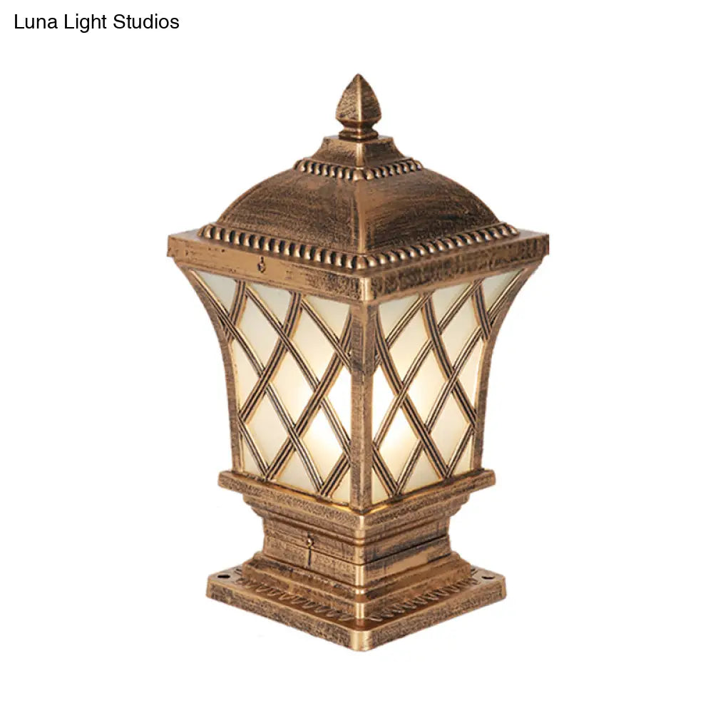 Rustic Square Pillar Lamp - 1-Light Frost Glass Post Lighting Fixture For Courtyard