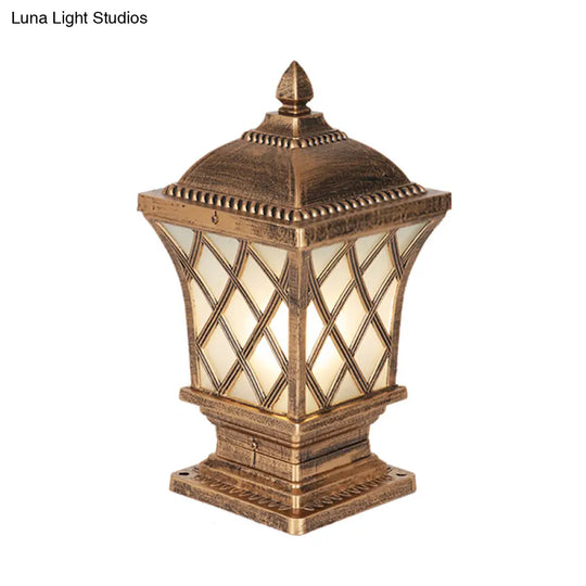 Rustic Square Pillar Lamp - 1-Light Frost Glass Post Lighting Fixture For Courtyard