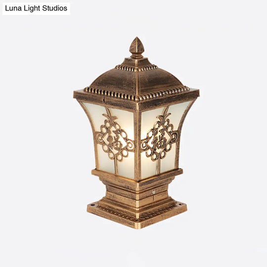 Rustic Square Pillar Lamp - 1-Light Frost Glass Post Lighting Fixture For Courtyard