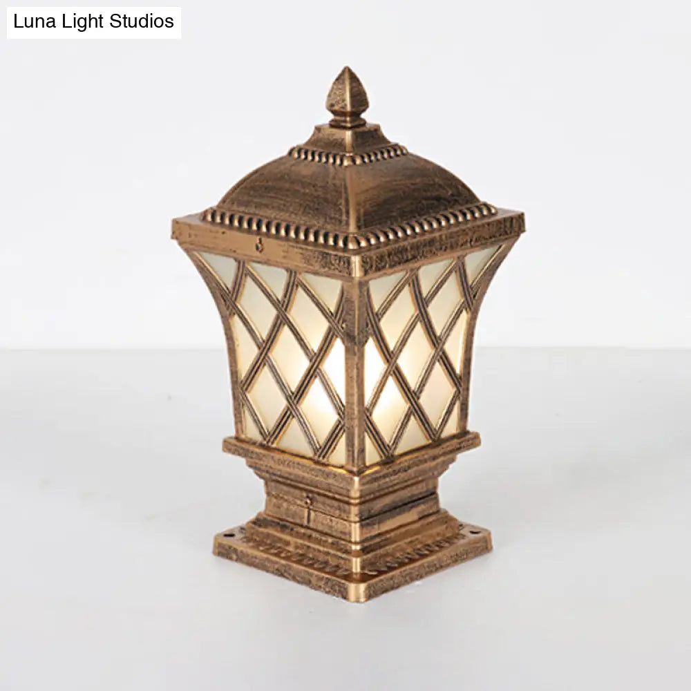 Rustic Square Pillar Lamp - 1-Light Frost Glass Post Lighting Fixture For Courtyard