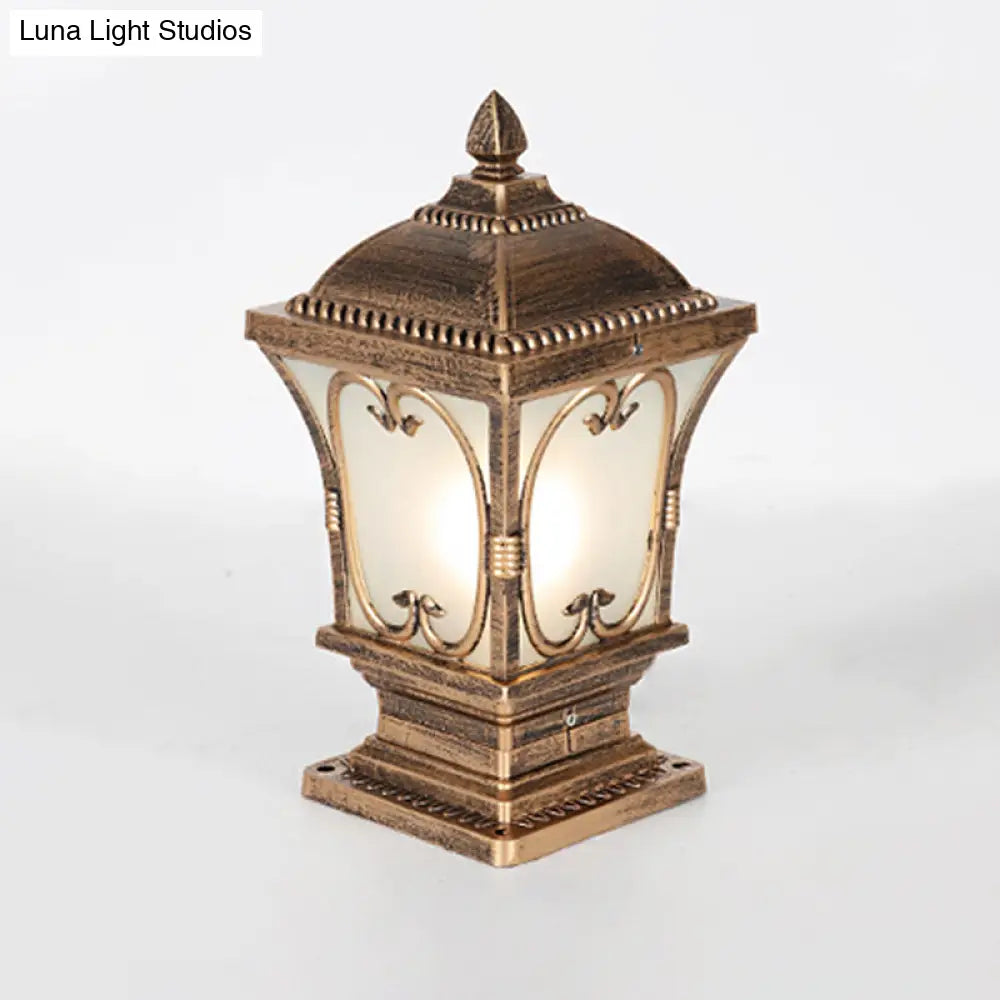 Rustic Square Pillar Lamp - 1-Light Frost Glass Post Lighting Fixture For Courtyard