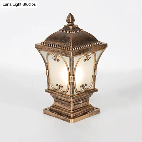Rustic Square Pillar Lamp - 1-Light Frost Glass Post Lighting Fixture For Courtyard