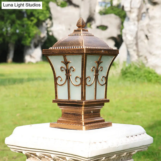 Rustic Square Pillar Lamp - 1-Light Frost Glass Post Lighting Fixture For Courtyard