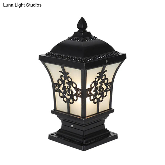 Rustic Square Pillar Lamp - 1-Light Frost Glass Post Lighting Fixture For Courtyard