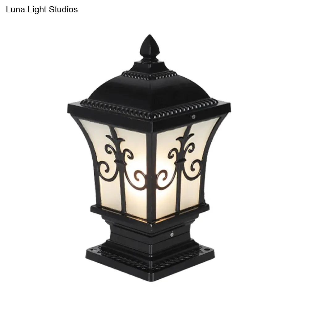 Rustic Square Pillar Lamp - 1-Light Frost Glass Post Lighting Fixture For Courtyard